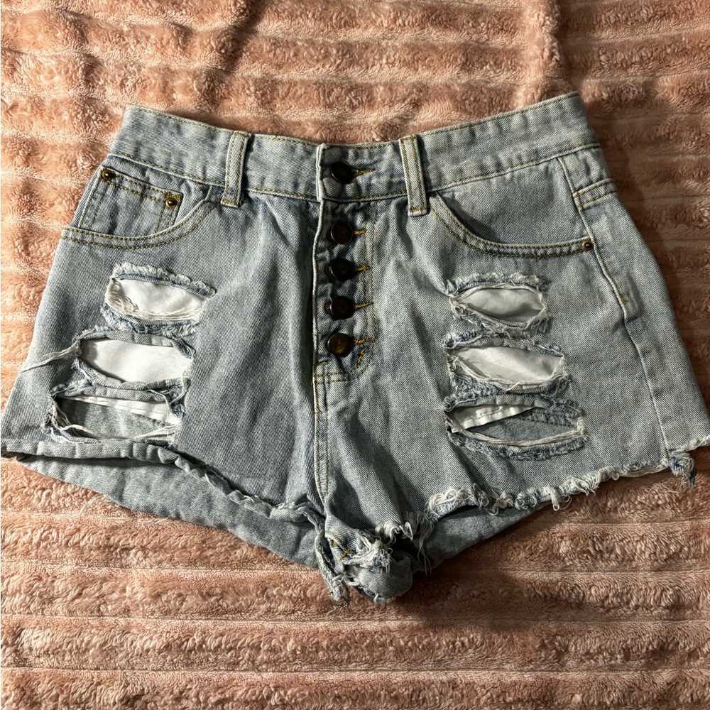 SHEIN Blue Distressed Jean Shorts High-Waisted